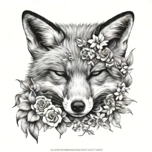 Black And White Fox Curled Up Sleeping Surrounded By Flowers