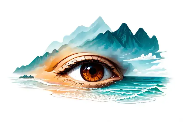 Brown Eyes With Beach And Mountain Border