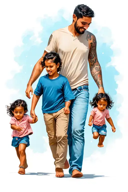 Father With 3 Kids And 1 Baby Boy Walking