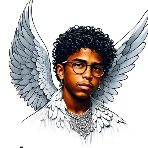 Chicano Style Black Boy Angel With Curly Hair And Glasses