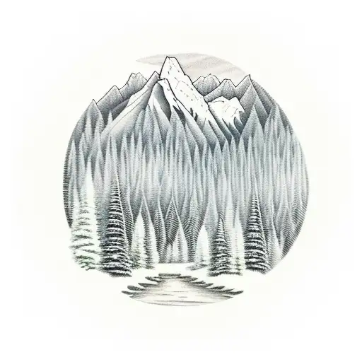 Forest Fading Into A Mountain Range With A River And Railroad Tressle In The Fore Ground