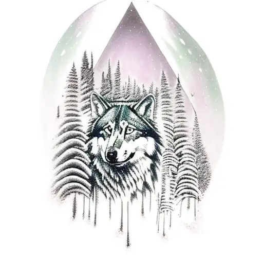 Native American Indian Chief And Wolf Gazing At The Aurora Borealis In A Pine Forest