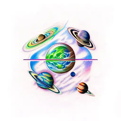 Four Planets Floating Through The Galaxy Red Blue Purple Green