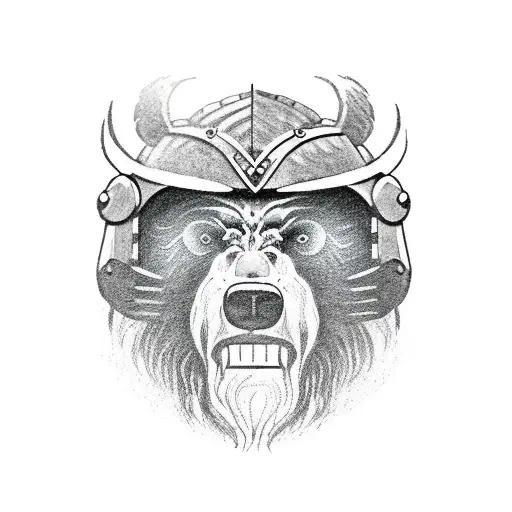 Growling Grizzly Bear Wearing Viking Helmet
