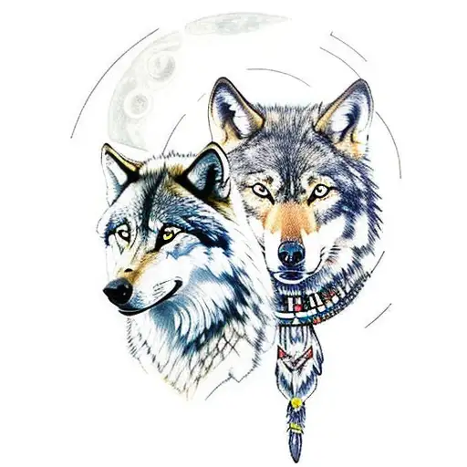 Native American Chief Standing Next To A Wolf Looking Up In The Night Sky With An Arura Borialis