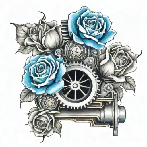 Car Engine And Blue Roses