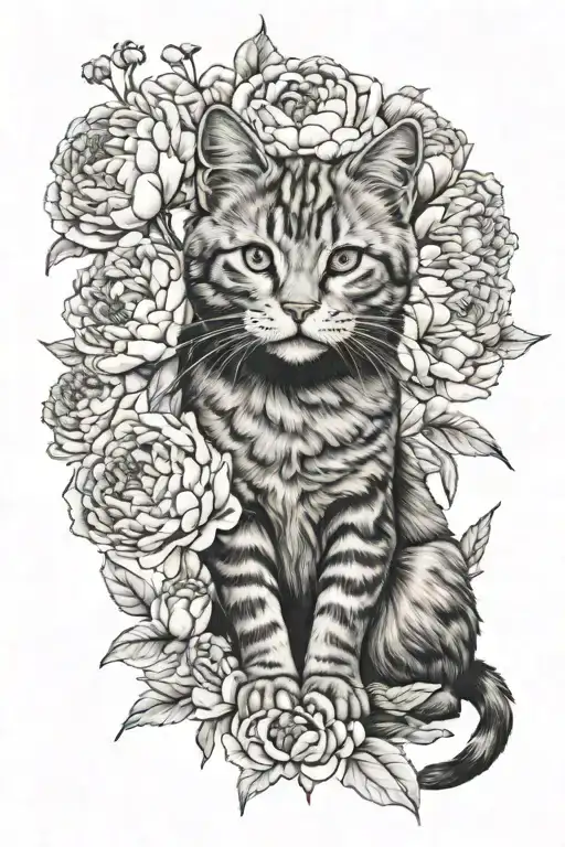 Peony Flowers And Cat Sitting