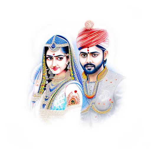 A Realistic Portrait Of Yash And Shruti Surrounded By A Vibrant Garden Of Love Birds