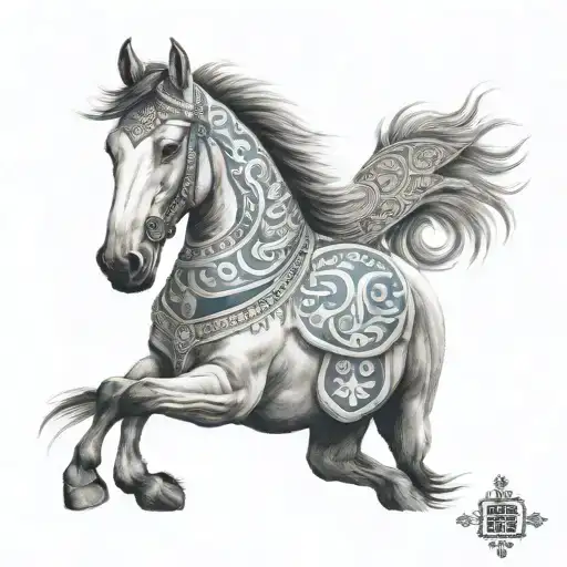 A Realistic Portrait Of A Majestic Mongolian Horse With Traditional Mongolian Patterns