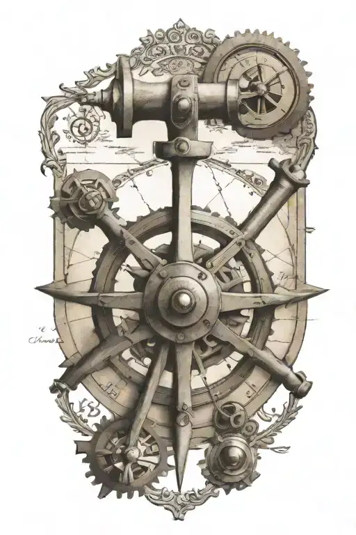 Sextant Terchnical Drawing On Faded Ancient Map Without Frame