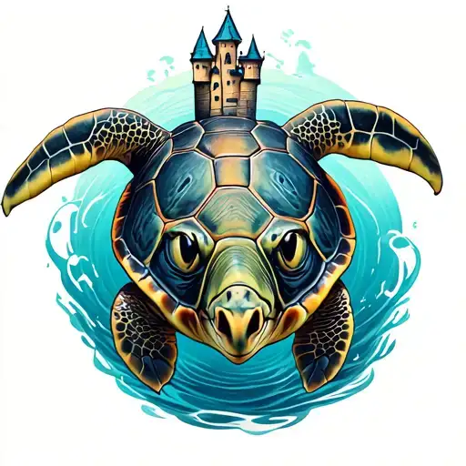 Sea Turtle With Castle On Its Shell Merging