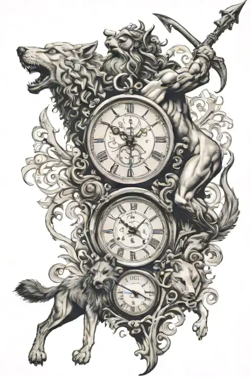 Poseidon Holding The Trident On Top Of Wolf Inbedded In Clock