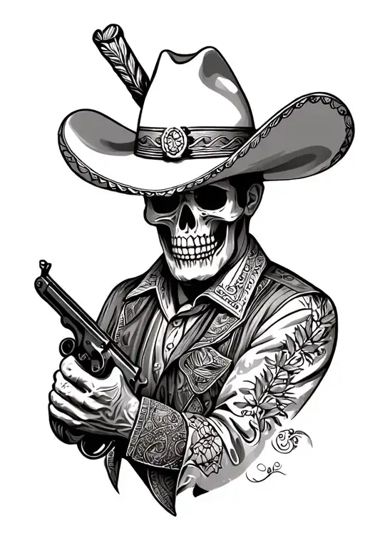 Mexican Skull Charro Full Body With A Gun And Agave Farm Elements Scattered Throughout