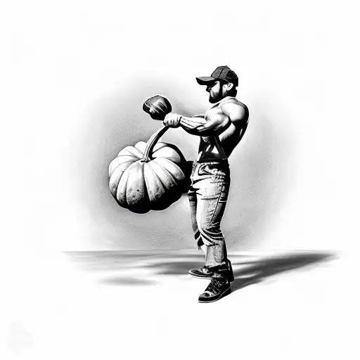 A Muscular Farmer Lifting A Pumpkin With A Cracked Surface