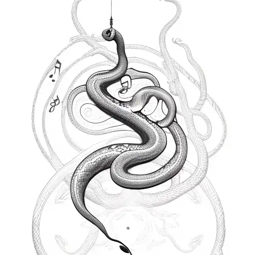 A Sketch-style Tattoo Of A Snake Coiled Around A Tree Branch With Musical Notes Floating In The Air