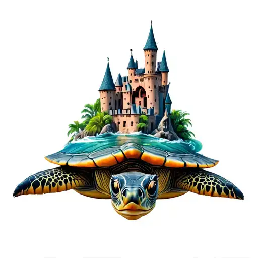 Sea Turtle With Castle On Its Shell Merging