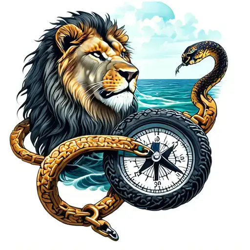 Snake And Lion With A Motorcycle Chain Compass And Sea