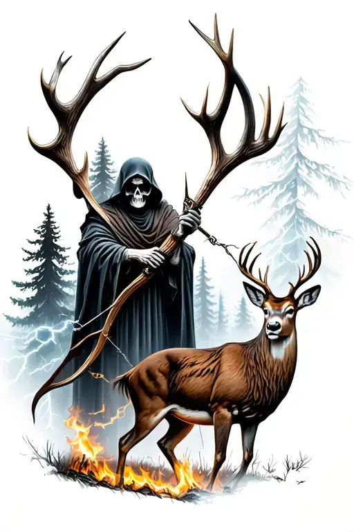 Grim Reaper Holding A Bow Made Out Of Antlers Shooting At A Deer With Lightning And Trees On Fire