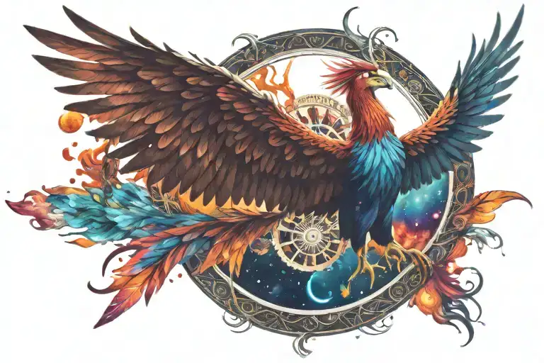 Colorful Phoenix Spreading Wings In Cosmic Space Background With Wheel Of Samsara
