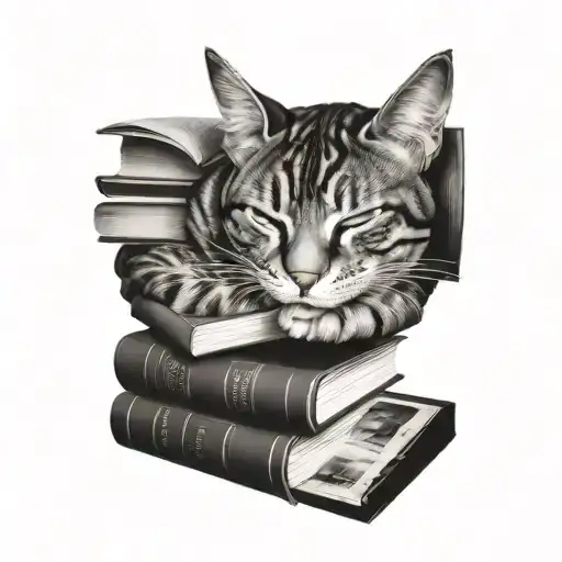 Cat Asleep On Stack Of Books Surrounded