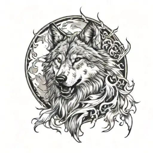 A Wolf On Fire With A Full Moon In The Background Surrounded By A Pretty Design