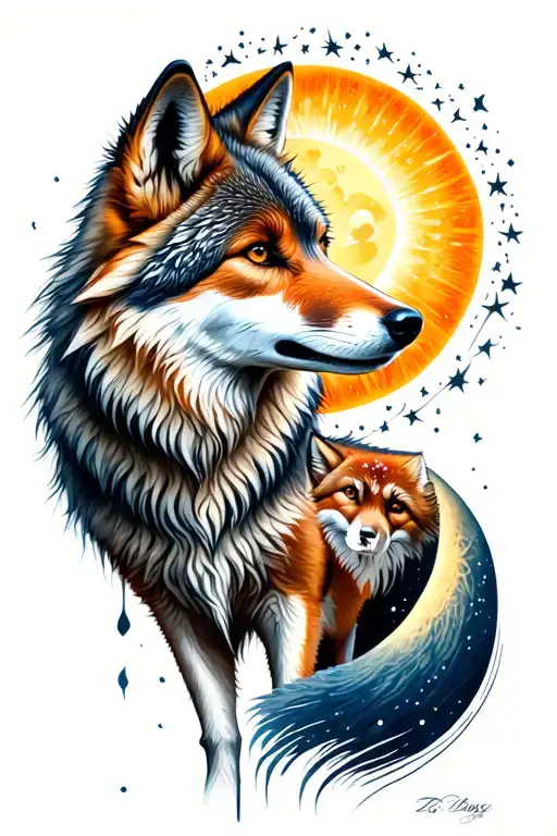 Wolf And Fox With The Sun And The Moon And The Sun