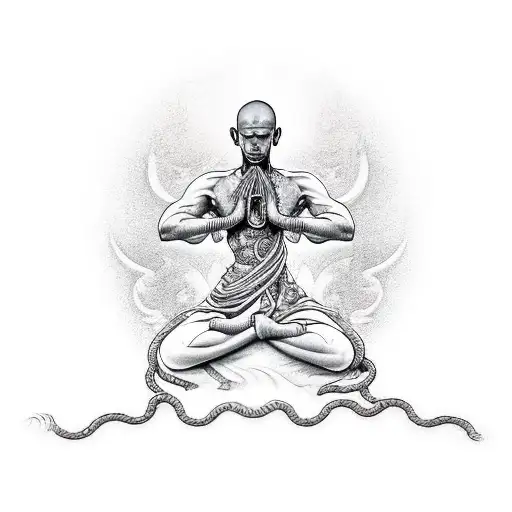 Warrior Monk Meditating With A Dragon Coiled Around Him