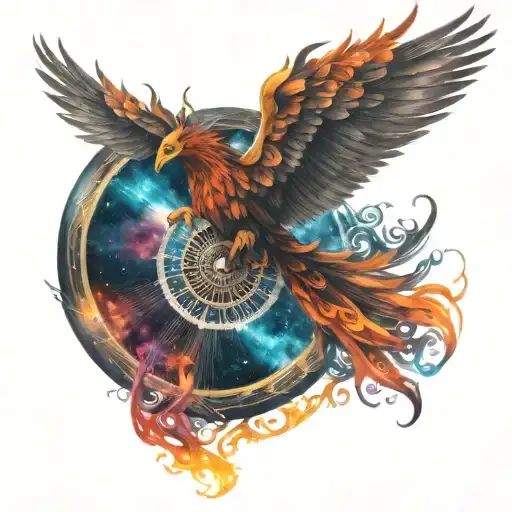 Phoenix Spreading Its Wings In Cosmic Space Backround With Wheel Of Samsara Colorful