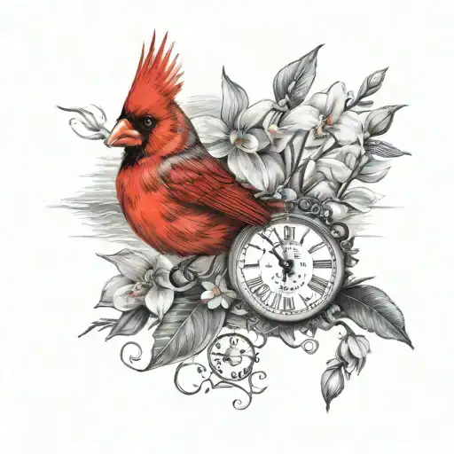 Cardinal On A Branch With Orchids And A Clock With Beach And Ocean Inside Clock