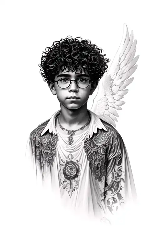 Black Angel Boy Curly Hair With Glasses Realistic Portrait
