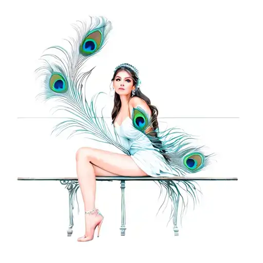 A Woman Sitting On A Bench With Peacock Feathers