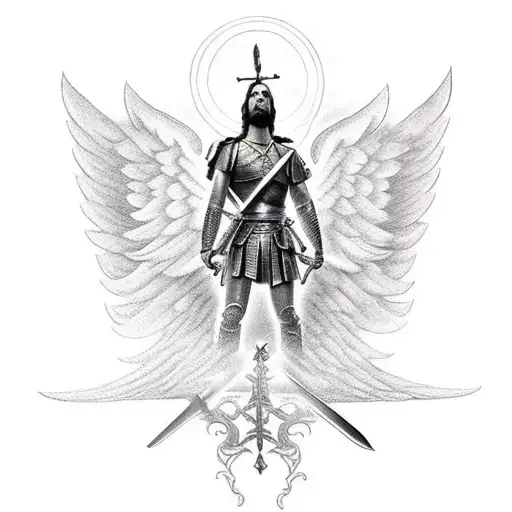 Warrior Angel Man Holding Sword In Front Of Clouds And Sunlight