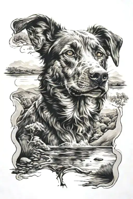 A Dog Surrounded By River And Landscape