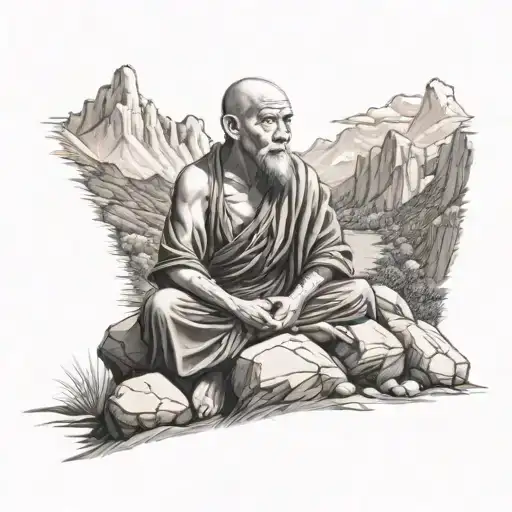 A Tattoo Of Monk Sitting On A Rock With A Mountain In The Background