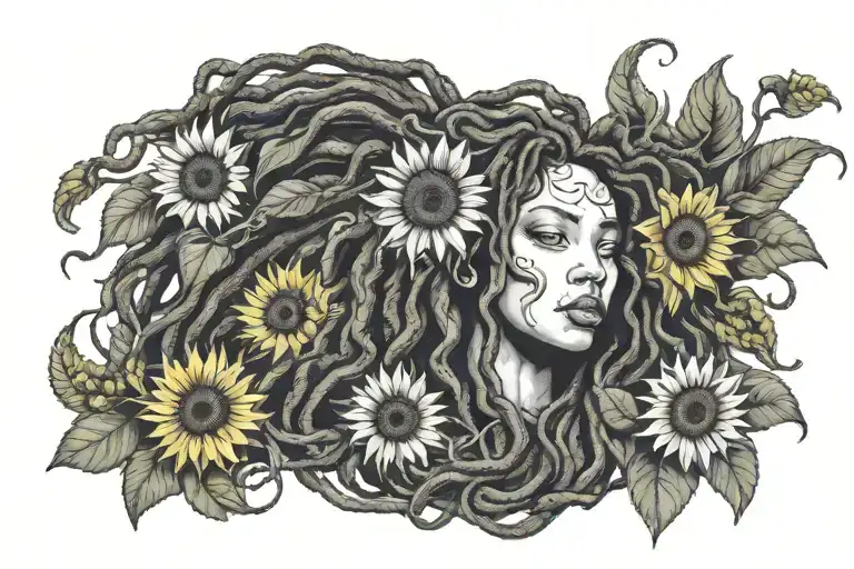 African American Medusa With Locs And Sunflowers Growing