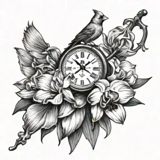 Cardinal On Orchid With Clock Face