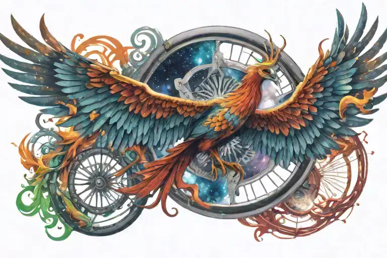 Colorful Phoenix Spreading Wings In Cosmic Space Backround With Wheel Of Samsara