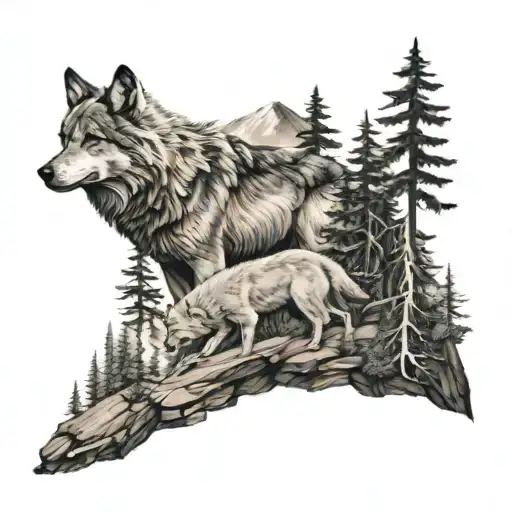 Forest And Mauntain And Wolf