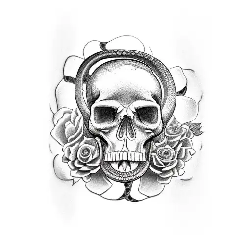 A Snake Coiled Around A Skull Surrounded By Flowers
