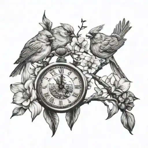 Cardinal On A Branch With Beach In The Background With Orchids And Clock