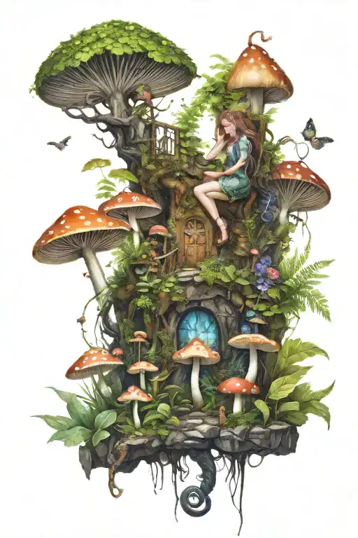 A Fairy Forest With With Fairys And Mushrooms And Lots Of Ferns And Flowers