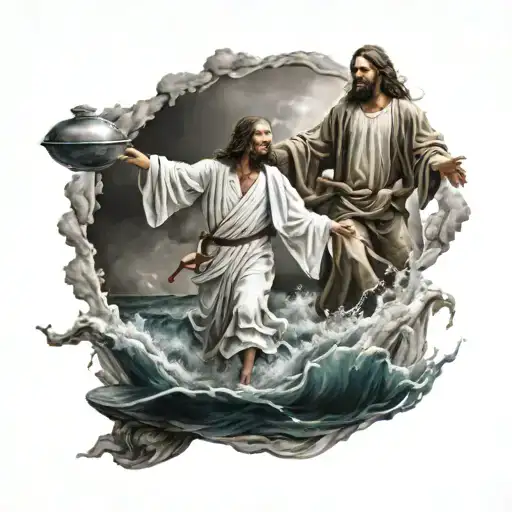 Jesus And Simon Walking On Water Flowing In Storm