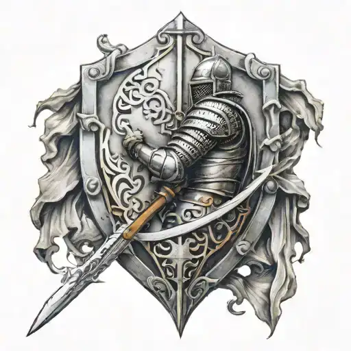 Sword And Shield With Knight Helmut Surrounded