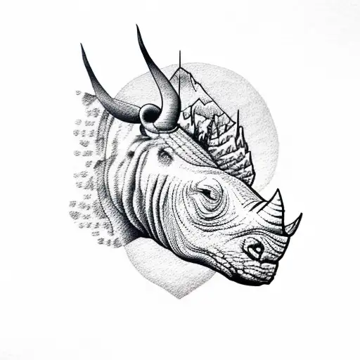 A Dotwork Representation Of A Rhino Surrounded By Mountain Peaks With A Lion On Top Of The Mountain