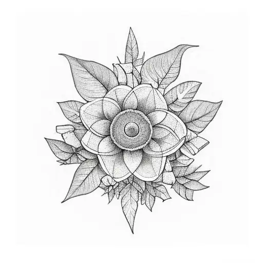 Circle Of Leaves And Flowers With A Semi Colon In The Middle