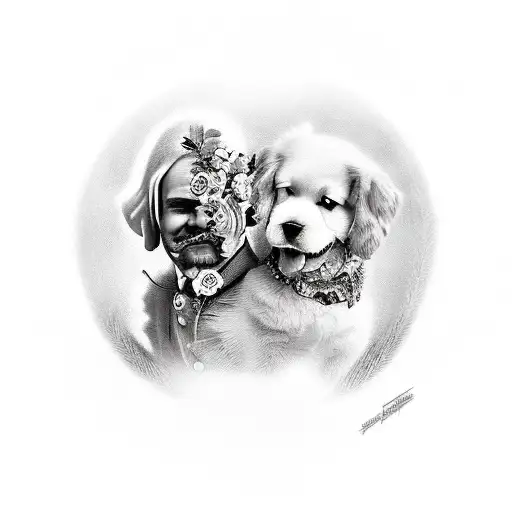 Dionysos Smiling And Holding A Dog