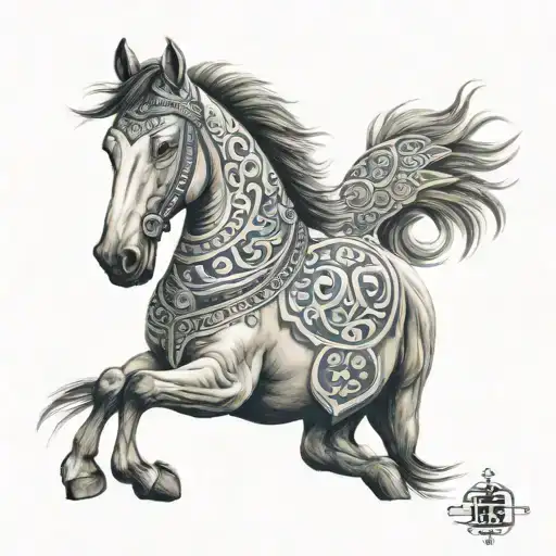 A Realistic Portrait Of A Majestic Mongolian Horse With Traditional Mongolian Patterns