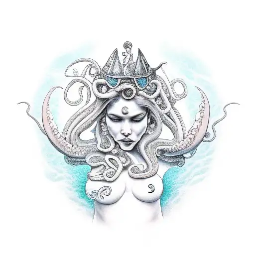 Sea Goddess With A Shell Crown Holding An Octopus