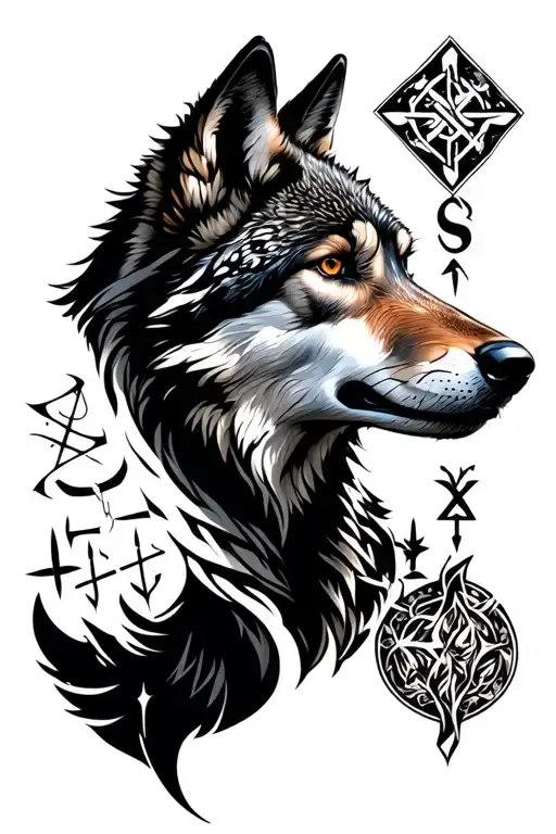 Wolf Surrounded With Nordic Runes Engraved