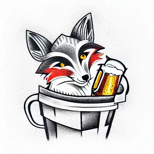 Trickster Fox Drinking Beer In Trash Polka Style